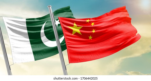 Pakistan And China Friendship Flag Waving On The Sky With Beautiful Sun Light - Image