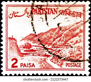 Pakistan, circa 1963: Postage stamp from the Country Views series. showing Khyber pass. Tags: Mountains  Landscapes Bridges  Streets