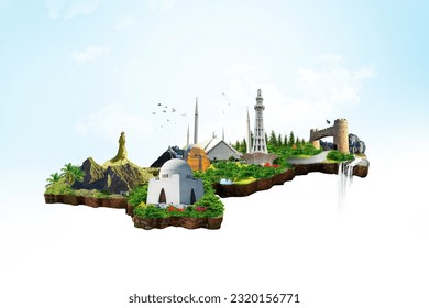 Pakistan Map. Pakistan Monuments. Environment. Quaid-e-Azam Tomb. Minar e Pakistan. Faisal Mosque Khyber Gate - Shutterstock ID 2320156771