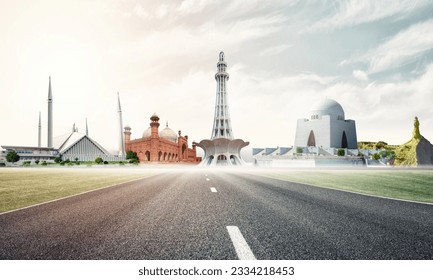 Pakistan Monuments.Quaid-e-Azam Tomb. Minar e Pakistan. Khyber Gate. Faisal Mosque. Badshahi Mosque. - Shutterstock ID 2334218453