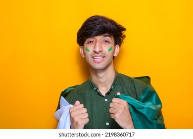 Pakistani, Indian, South Asian Young Boy Holding Flag Celebrating Or Cheering Pakistan Cricket Team, Cricket Fan Concept