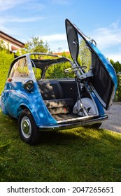 Pakrac, Croatia - July 4th 2021: Blue And White BMW Isetta With Open Car Door, Front View