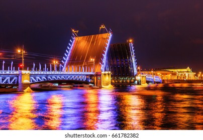 Palace Bridge In Saint Petersburg Drawn At Night