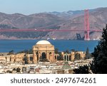 Palace of Fine Arts and Iconic famous Golden Gate bridge over San Francisco Bay next to the Pacific Ocean, California, United States