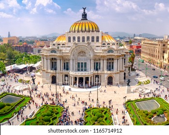 The Palace of Fine Arts in Mexico City - Aerial view with unrecognizable people