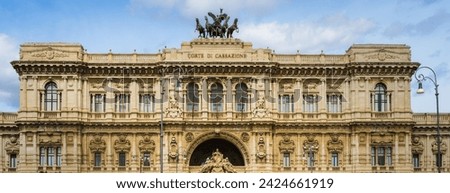 The Palace of Justice (Palazzaccio), the seat of the Supreme Court of Cassation, Rome, Italy. Corte di cassazione. View, details, architectures and embellishments.