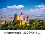 Palace of Pena in Sintra. Lisbon, Portugal. Travel Europe, holidays in Portugal. Panoramic View Of Pena Palace, Sintra, Portugal. Pena National Palace, Sintra, Portugal. 