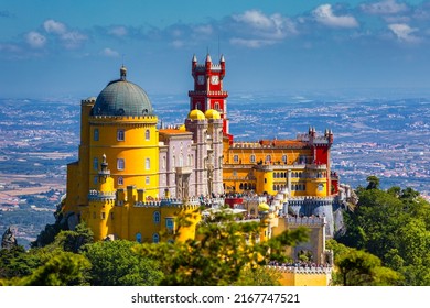 Palace Of Pena In Sintra. Lisbon, Portugal. Travel Europe, Holidays In Portugal. Panoramic View Of Pena Palace, Sintra, Portugal. Pena National Palace, Sintra, Portugal. 