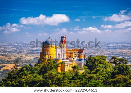 Palace of Pena in Sintra. Lisbon, Portugal. Travel Europe, holidays in Portugal. Panoramic View Of Pena Palace, Sintra, Portugal. Pena National Palace, Sintra, Portugal. 