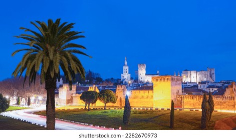 Palace of the Popes or Palais des Papes and Avignon Cathedral  panoramic view at dusk - Avignon city, France - Shutterstock ID 2282670973