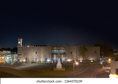 Palacio De Cortes And Statue Of Cortes At Downtown Cuernavaca, Mexico At Night