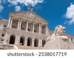 Palacio de Sao Bento or Portuguese parliament building in Lisbon with lion statue