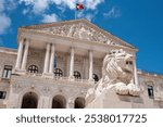 Palacio de Sao Bento or Portuguese parliament building in Lisbon with lion statue