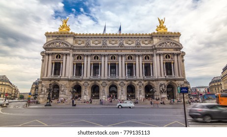 Palais or Opera Garnier The National Academy of Music timelapse hyperlapse in Paris, France. People walking around and traffic on the street. It is a 1979-seat opera house, which was built from 1861 - Powered by Shutterstock