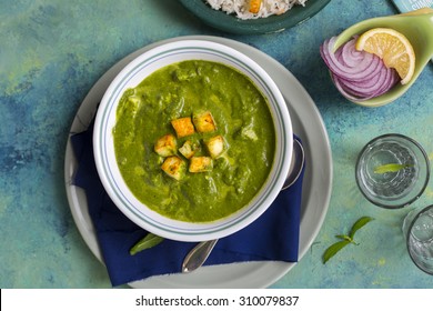 Palak Paneer , Indian Food
Spinach And Indian Cottage Cheese Curry - Side Dish For Rice And Flatbread , Top Down View