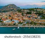 Palamidi fortress ovelooking seaside promenade at Greek town Nafplio.