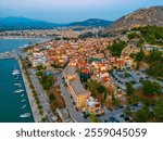 Palamidi fortress ovelooking seaside promenade at Greek town Nafplio.