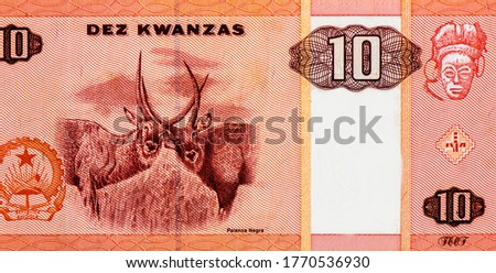 Palanca Negra antelopes. Angolan Pwo mask by Chokwe. Portrait from Angola 10 Kwanzas 1999 Banknotes.