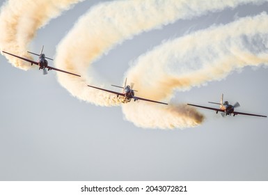 PALANGA, LITHUANIA: September 10, 2021. ANBO aerobatic team show with 3x Yakolev Yak-50.  
