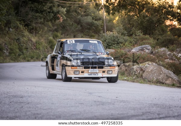 PALASCA, CORSICA - 7th OCTOBER 2016. G\
Gibier & N Sormani compete in their Renault R5 Turbo at the\
2016 Tour de Corse Historique near Palasca in\
Corsica