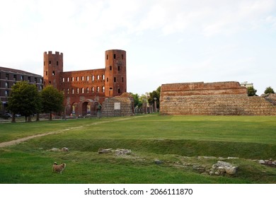 Palatine gate and ruin walls in the Archaeological Park of Turin, Italy