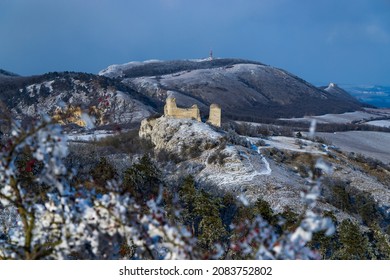 Palava winter landscape with Sirotci hradek ruins, Southern Moravia, Czech Republic