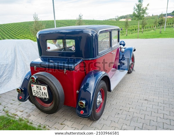 Palavsky Oldtimer, the vintage rally\
show at Winery Zajeci, Czechia. 27th of August, 2021. Rear view of\
vintage car Tatra 12. Historical cars open\
competition.