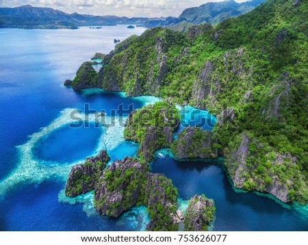 Similar – Image, Stock Photo Palawan, Philippines aerial drone view of turquoise lagoon and limestone cliffs. El Nido Marine Reserve Park