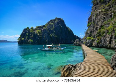 Palawan, Philippines - Apr 11, 2017. A tourist boat on the sea in Palawan, Philippines. Palawan is one of the Philippine Islands top vacation destinations for foreign tourists.