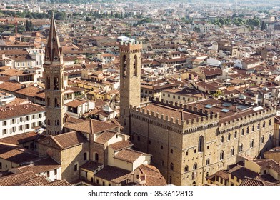 Palazzo del Bargello and Badia Fiorentina steeple, Florence, Tuscany, Italy. Urban scene. Travel destination.