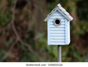 Pale blue birdhouse on a pole