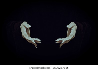 Pale empty witchy hands with sharp nails hold something invisible in the darkness, close-up, film grain. Witchcraft, demon, vampire, evil, Halloween, wizard, monster, symbol, religion concept.