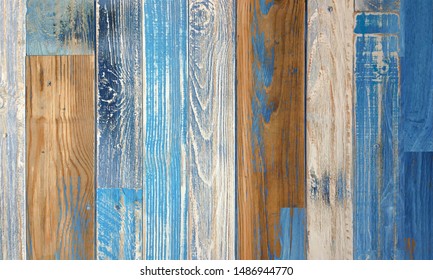 Pale Faded Brown And Cool Blue Reclaimed Wood Surface With Aged Boards Lined Up. Wooden Planks On A Wall Or Floor With Grain And Texture. Neutral Stained Vintage Wood Background.