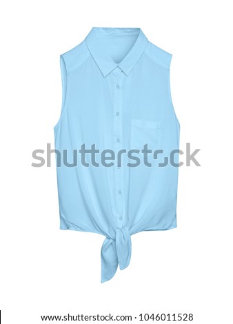 Pale light blue elegant summer sleeveless woman blouse shirt with a collar, buttons and tie isolated white