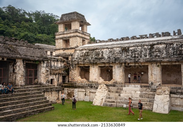 Palenque Archaeological site, Chiapas, Mexico-Feb 26,\
2016: Internal palace courtyard -Palenque contains some of the\
finest architecture, sculpture and bas-relief carvings that the\
Mayas produced. 
