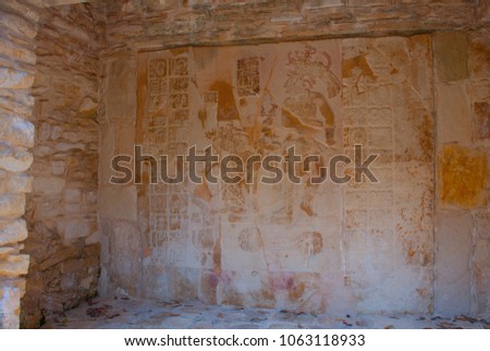 Palenque, Chiapas, Mexico. Ancient Mayan carved relief with in temple ruins.