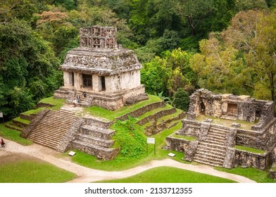 Palenque, Chiapas, Mexico - Feb 26, 2016: People visit the Temples of the Cross Group. The architecture of the ancient Maya city is unique for its high degree of refinement and lightness. 