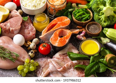 Paleo Diet Concept. Raw Foods High Protein And Low Carbohydrate Products, Ingredients For Healthy Food. 