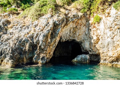 Paleokastritsa, Greece, 2018-09-03: The View Of Blue Eye Cave From Outside