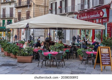 Palermo, Italy - May 8, 2019: Restaurant On Square Of St Dominic Square In Palermo City, Sicily Island