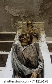 Palermo , Italy -October 2017- Mummified Bodies Of Two Men In Capuchin Catacombs Of Palermo