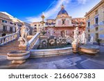 Palermo, Italy. Pretoria Fountain in Piazza Pretoria and Chiesa di Santa Caterina d