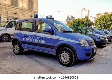 PALERMO, SICILY - FEBRUARY 8, 2020: Blue Fiat Panda II Police Car Of Sicilian Polizia Department With A Phone Number 113 At Parking Lot