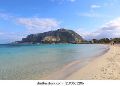 Palermo, Sicily, Italy. View Of Mondello Beach, In Background Monte Pellegrino.