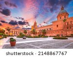 Palermo, Sicily. Palermo Norman cathedral, a UNESCO world heritage site in Italy, colored sunset sky.