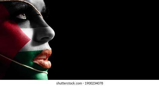 Palestine Flag Painted On A Face Of A Young Woman, National Flag On Face