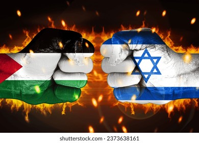 Palestine War with Israel concept backdrop with glowing fire fists and flag painted. Palestine Vs Israel clash background