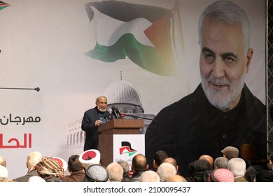 Palestinians Attend A Ceremony In Gaza City To Commemorate The Second Anniversary Of The Killing In Iraq Of Top Iranian Commander Qasem Soleimani (portrait), On January 3, 2022.