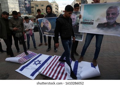 Palestinians Burn US And Israeli Flags And Hold Posters Of Qassem Soleimani Who Was Killed In A US Drone Strike Last Week, During A Protest In Gaza Strip, On Jan 8, 2020. Photo By Abed Rahim Khatib