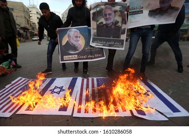 Palestinians Burn US And Israeli Flags And Hold Posters Of Qassem Soleimani Who Was Killed In A US Drone Strike Last Week, During A Protest In Gaza Strip, On Jan 8, 2020. Photo By Abed Rahim Khatib